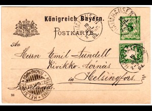 Bayern 1894, 5 Pf. Zusatzfr. auf 5 Pf. Ganzsache v. Haimhausen n. Finnland