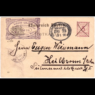 Bayern 1890, Bahnpoststpl. Cöln-Aschaffenburg auf 5 Pf Ganzsache v. Seligenstadt