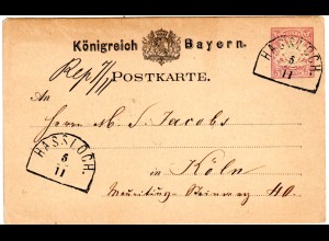 Bayern 1882, Pfalz-HKS HASSLOCH klar auf 5 Pf. Ganzsache.