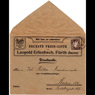 Bayern 1906, 3 Pf. auf attraktivem Reklame Brief v. Fürth n. Berlin