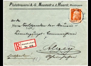 Bayern 1913, 30 Pf. Luitpold auf Pfalzbrauerei A.G. Reko Brief v. Neustadt 