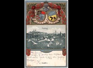Freising, schöne Präge-Karte m. Wappen u. Gesamtansicht, 1901 gebr. AK