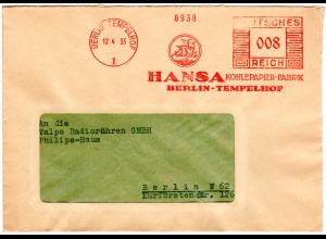 DR 1933, 8 Pf. Berlin Tempelhof Kohlepapier Freistempel auf Orts- Brief
