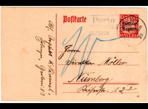 Bayern 1920, R3 Porto NÜRNBERG 2 auf 10 Pf. Ganzsachenkarte v. Erlangen