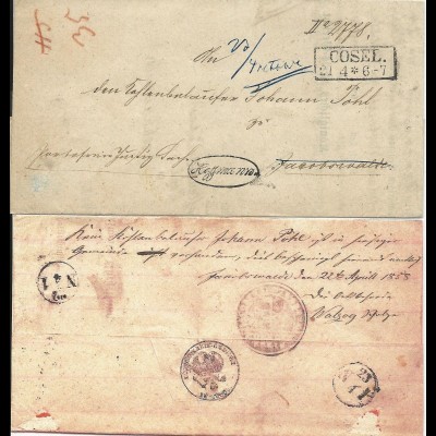 Preussen 1858, R2 Cosel u Beamten Stpl.auf Retour Brief n. Jacobswalde, Polen