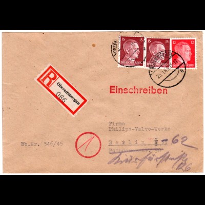DR 1945, 12+2x15 Pf. auf spätem (25.Jan.) Einschreiben Brief v. Oberammergau