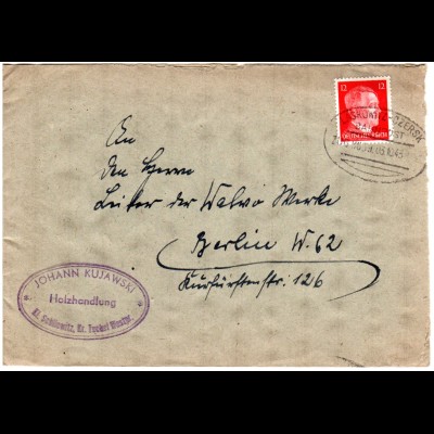 DR 1943, Bahnpoststpl. Laskowitz-Czersk auf Brief v. Kl. Schliewitz Kr. Tuchel