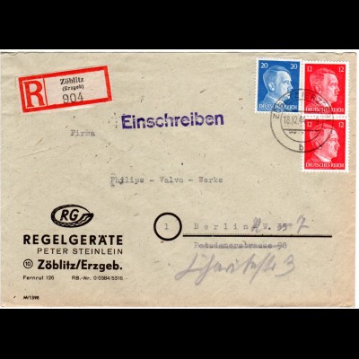 DR 1944, 20+2x12 Pf. auf Einschreiben Brief v. Zöblitz n. Berlin