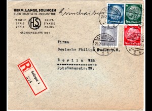 DR 1933, 4+6+12+20 Pf. auf Firmen Einschreiben Brief v. Solingen n. Berlin