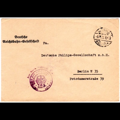 DR 1933, Frei durch Ablösung Eisenbahn Hauptamt, Brief v. Altona n. Berlin