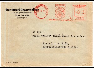 DR 1941, 12 Pf. Werbefreistempel auf Oberbürgermeister Brief v. Karlsruhe