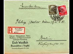 DR 1940, 12+30 Pf. auf Einschreiben Brief m. Sonderstpl. v. Brunndöbra Vogtland