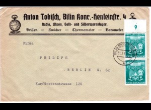 DR 1941, Paar 6 Pf. auf Firmen Reklame Brief v. Bilin m. Abb. Taschenuhr