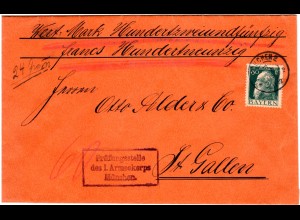 Bayern 1915, EF 60 Pf. Luitpold auf Zensur Wert Brief v. München i.d. Schweiz 