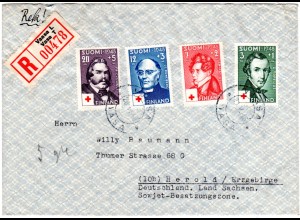 Finnland 1946, kpl. Rot Kreuz Ausgabe Dichter u. Komponisten auf Reko Brief