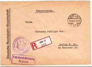 DR 1934, Frei durch Ablösung Reichsbahn-Gesellschaft Köln Gereon, Brief n Berlin