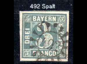 Bayern, MR 492 SPALT klar u. zentrisch auf breitrandiger 3 Kr. (Pl.5)