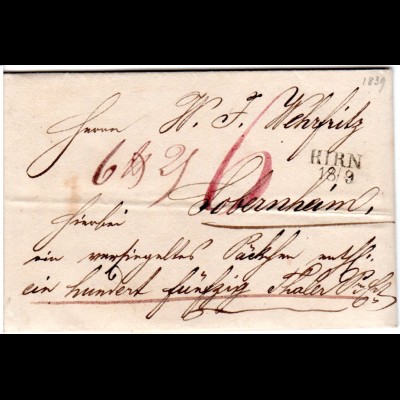 Preussen 1839, Rheinland-L2 KIRN auf Wertpaket Brief n. Sobernheim.