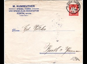 Bayern 1905, gebr. 10 Pf. Privatganzache Brief M. Kunreuther Spiegelfabrik Fürth