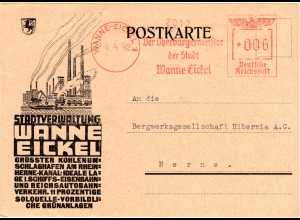 DR 1942, Absenderfreistempel Oberbürgermeister Wanne-Eickel auf schöner Karte