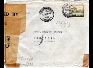 Schweiz 1943, 50 C. auf Zensur Brief v. Zürich Fraumünster n. Canda