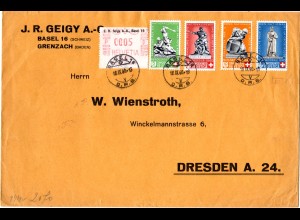 Schweiz 1940, Rot Kreuz Nationalspende+5 C.Geigy Etikett auf Zensur Brief n. Dt.
