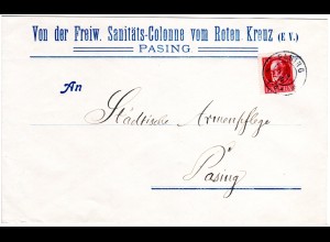 Bayern 1919, 10 Pf. auf Rotes Kreuz Orts-Brief v. Pasing