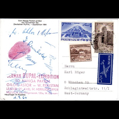 Pakistan 1964, Karte v. d. German Rupal Expedition m. Unterschriften 