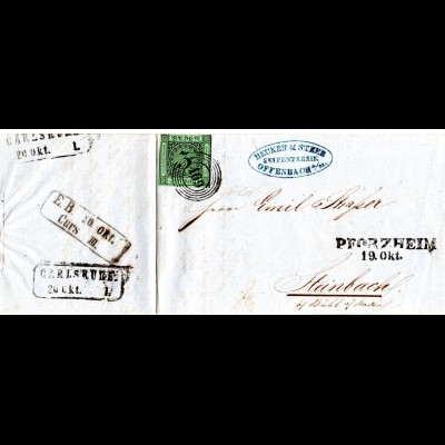 Taxis 1857, forwarder Firmenbrief v. Offenbach m. Baden 3 Kr. ab Pforzheim