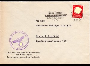 DR 1939, 12 Pf. Dienst auf Brief der TH Karlsruhe m. H. Thoma Werbestempel