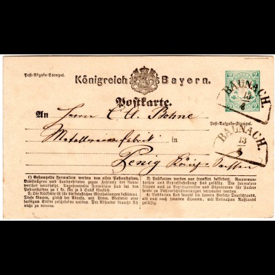 Bayern 1875, HKS BAUNACH klar auf 2 Kr. Ganzsache n. Penig/Sachsen
