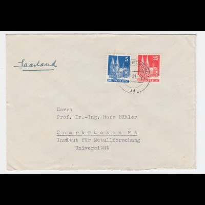 1951, 5+25 Pf. Auslandsfrankatur auf Brief v. Dortmund ins Saarland. #2387