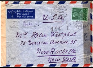 Schweiz 1944, EF 1 Fr. auf Luftpost Zensur Brief v. Lugano via Bale n. USA