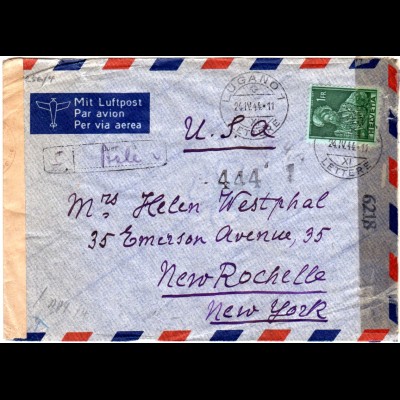 Schweiz 1944, EF 1 Fr. auf Luftpost Zensur Brief v. Lugano via Bale n. USA