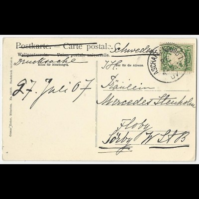 Bayern 1907, AK m. 5 Pf. als Ausl. Drucksache v. Aschaffenburg n. Schweden #2773