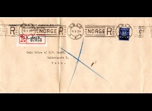 Norwegen 1929, gute EF 40 öre POST Überdruck auf Geschäfts-Reko Brief m. Oslo-R