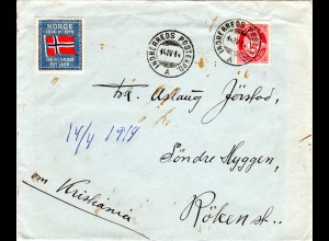 Norwegen 1914, 10 öre auf Brief m. Schiffstpoststpl. u. Jubiläumsmarke