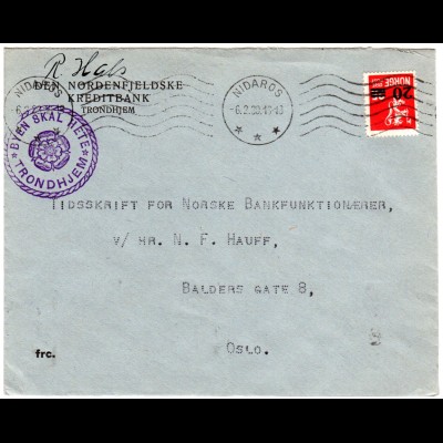 Norwegen 1930, 20/25 öre auf Nidaros Brief m. Propaganda Stempel f. Trondhjem. 