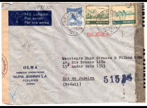 Schweiz 1944, 1 Fr.+30+50 C. auf Luftpost Zensur Brief v. Fleurier n. Brasilien