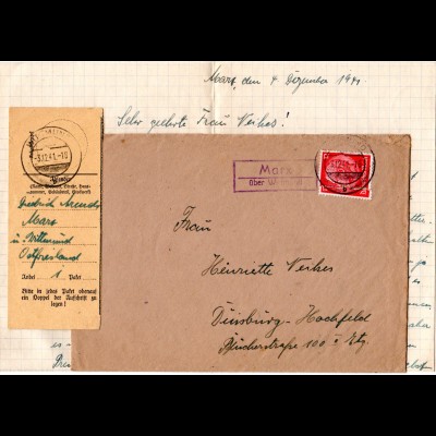 DR 1941, Landpost Stpl. MARX über Wittmund auf Brief m. Inhalt