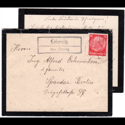 DR 1936, Landpost Stpl. LEIPNITZ über Leisnig auf Trauer-Brief m. Inhalt