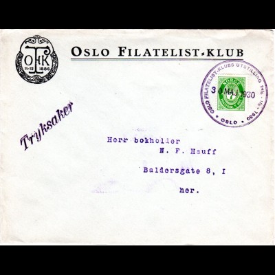 Norwegen 1930, Oslo Filatelist-Klubb Ausstellungs Sonderstpl. auf Brief m. 7 öre
