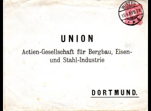 DR 1889, v. WITTEN gebr. 10 Pf Ganzsachenumschlag m. Bergbau Zudruck n. Dortmund
