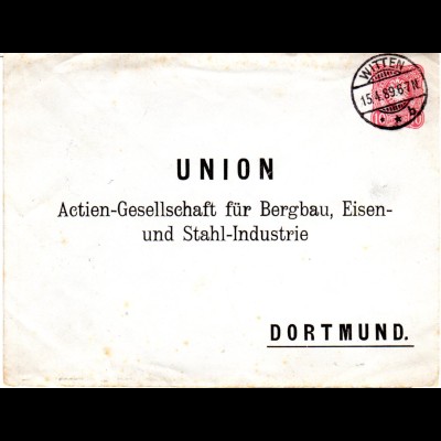 DR 1889, v. WITTEN gebr. 10 Pf Ganzsachenumschlag m. Bergbau Zudruck n. Dortmund
