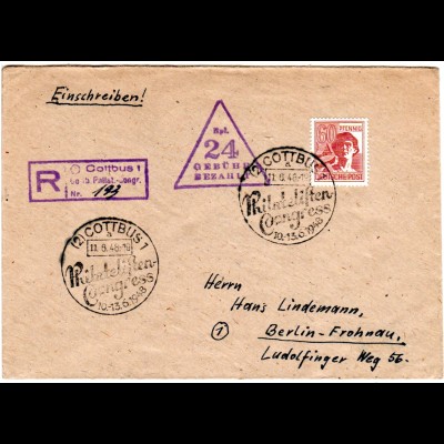 1948, 24 Pf. Geb. Bez.+60 Pf., Mischfrankatur auf Einschreiben Brief v. Cottbus