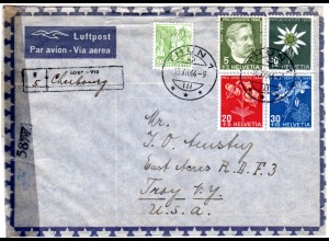 Schweiz 1944, 35 C.+ Pro Juventute auf Zensur Brief v. Thun via Cherbourg n. USA