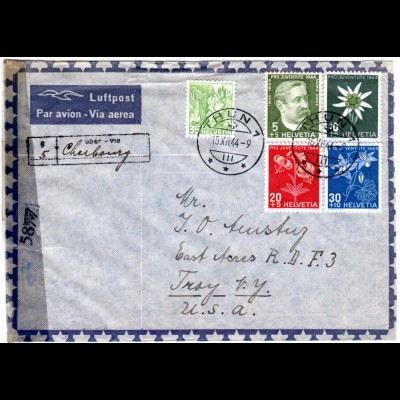 Schweiz 1944, 35 C.+ Pro Juventute auf Zensur Brief v. Thun via Cherbourg n. USA