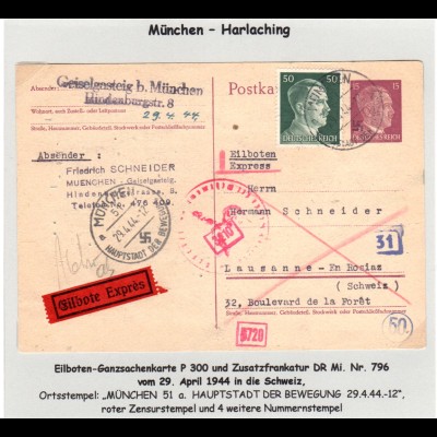 DR 1944, portorichtige Zensur-Express-Karte v. München Harlaching i.d. Schweiz
