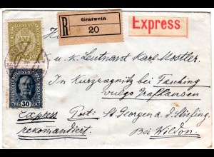 Österreich 1917, 30+40 H auf Einschreiben Eilboten Brief v. Gratwein n. Fasching
