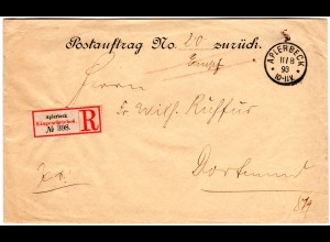 DR 1893, portofreier Postsache Rück-Postauftrag per Einschreiben v. APLERBECK